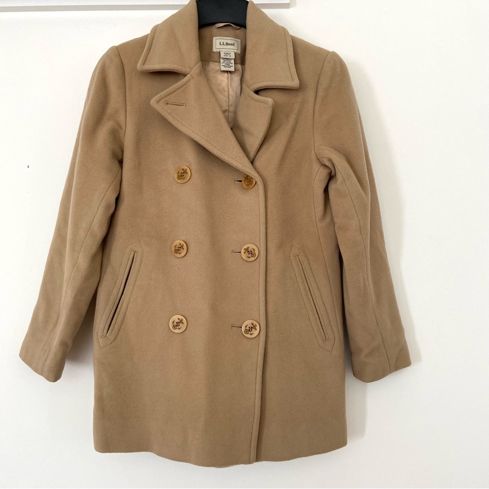 VTG LL Bean Pea Coat Womens 6 P Camel Tan Wool Blend Preppy Academia Old Money